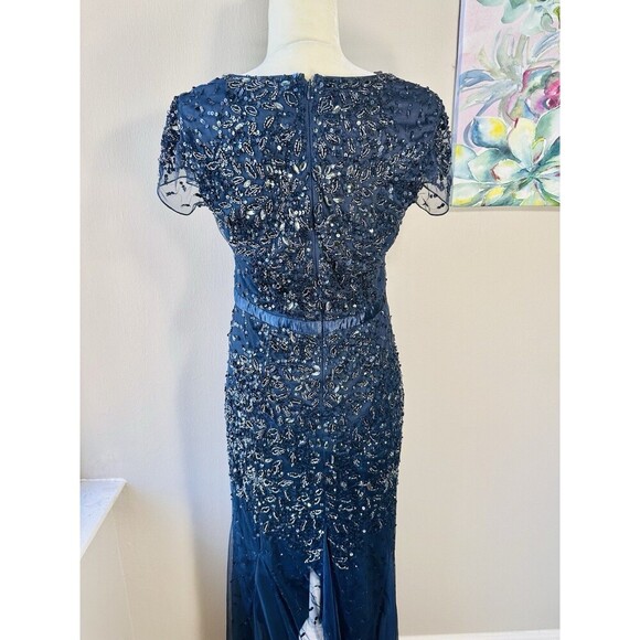 ADRIANNA PAPELL Prom SZ 10 Cap Sl Dress Sequin Navy Blue Beaded Gown Sleeve $229 - Picture 10 of 11